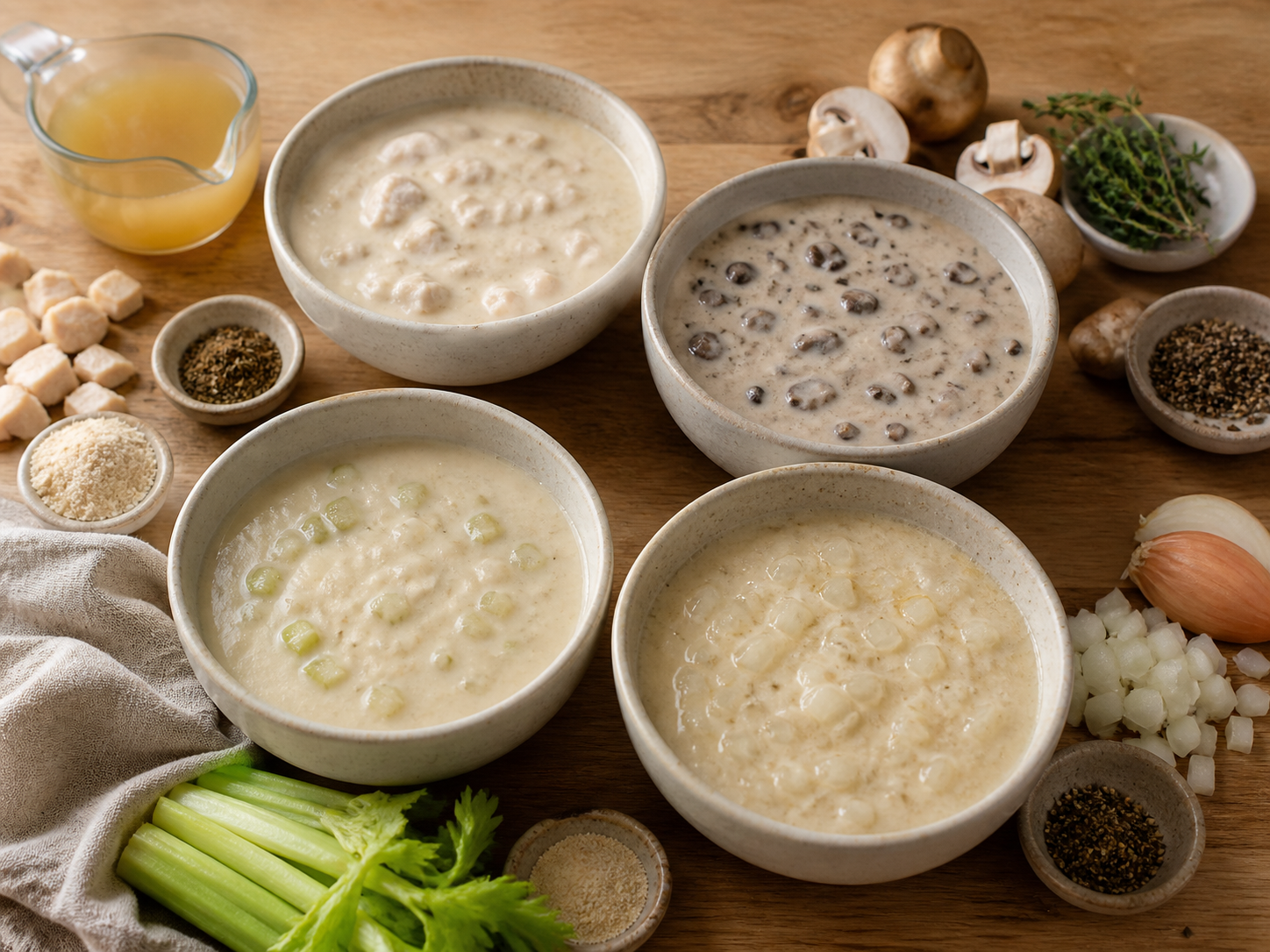 Four homemade cream soup flavor variations with chicken, mushroom, celery, and onion ingredients Four homemade cream soup flavor variations with chicken, mushroom, celery, and onion ingredients