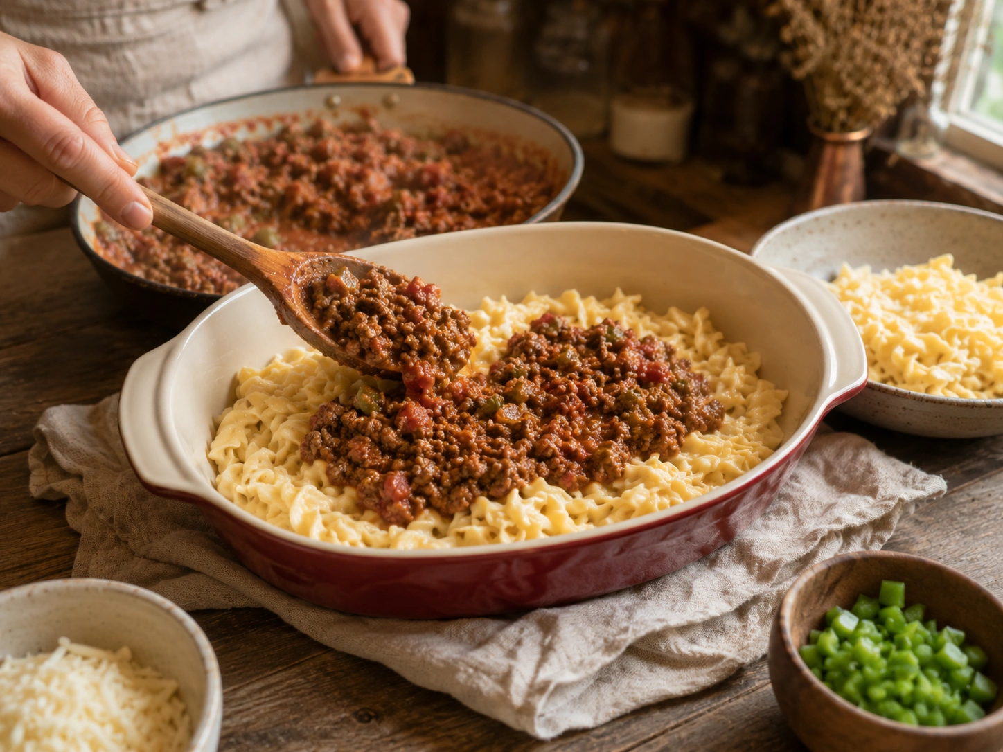 Layering beef sauce over creamy noodles in a red casserole dish with cream interior Layering beef sauce over creamy noodles in a red casserole dish with cream interior