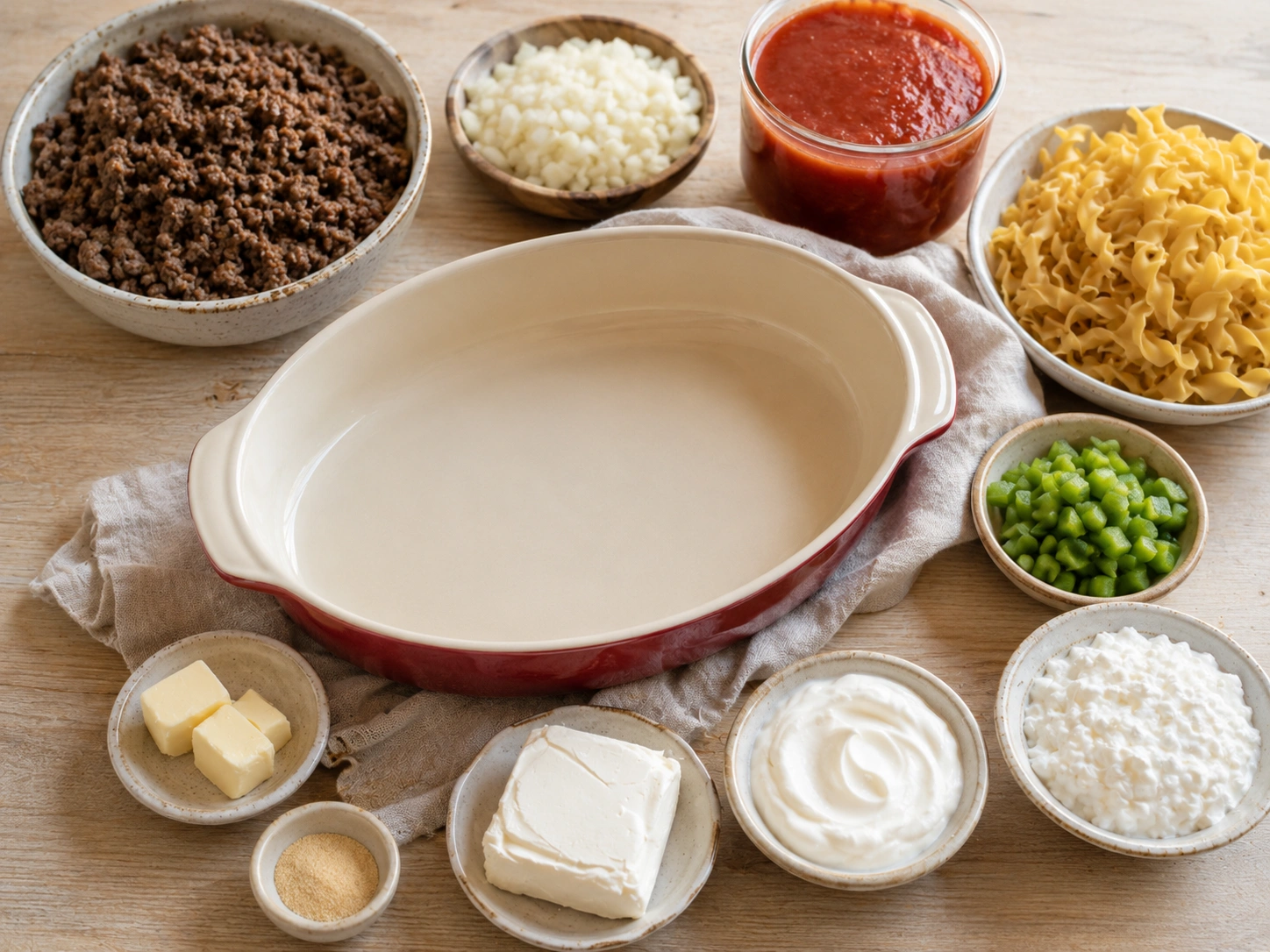 Ingredients for creamy beef noodle bake with red casserole dish and cream interior Ingredients for creamy beef noodle bake with red casserole dish and cream interior