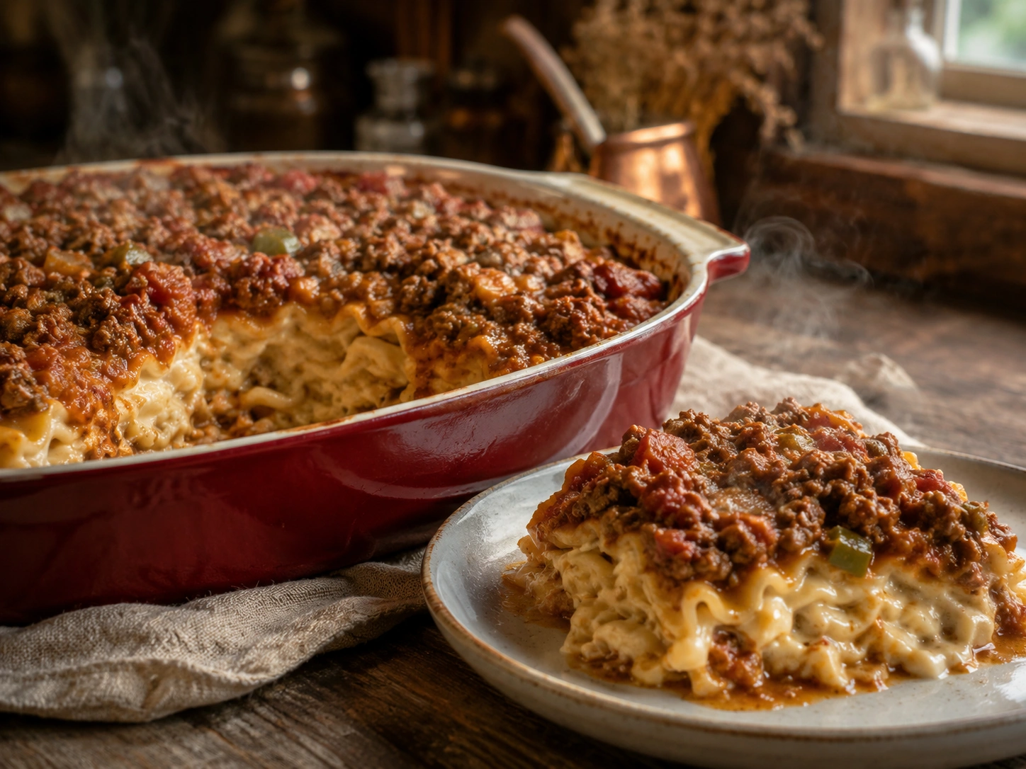 Creamy layered beef and noodle bake in a deep red casserole dish with cream interior Creamy layered beef and noodle bake in a deep red casserole dish with cream interior