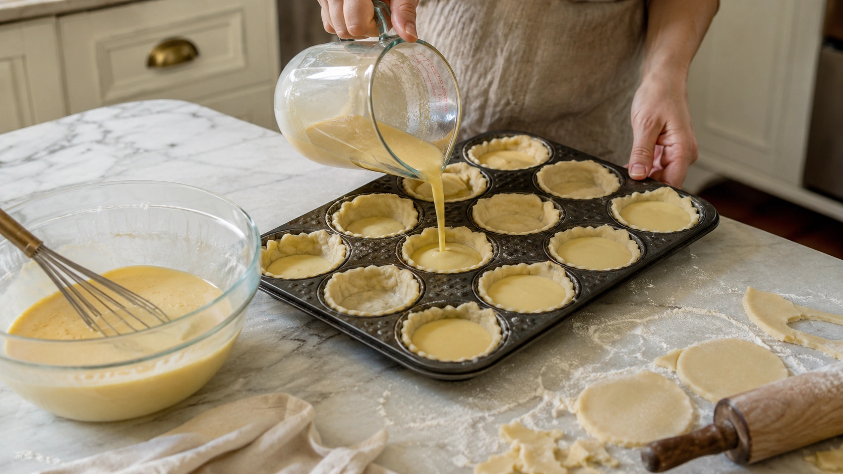 Homemade creamy chess tart filling being poured into small flaky pastry shells Homemade creamy chess tart filling being poured into small flaky pastry shells