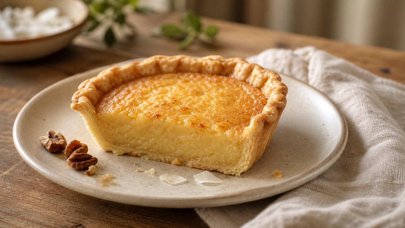 Plated homemade creamy chess tart with flaky crust and soft golden filling Plated homemade creamy chess tart with flaky crust and soft golden filling