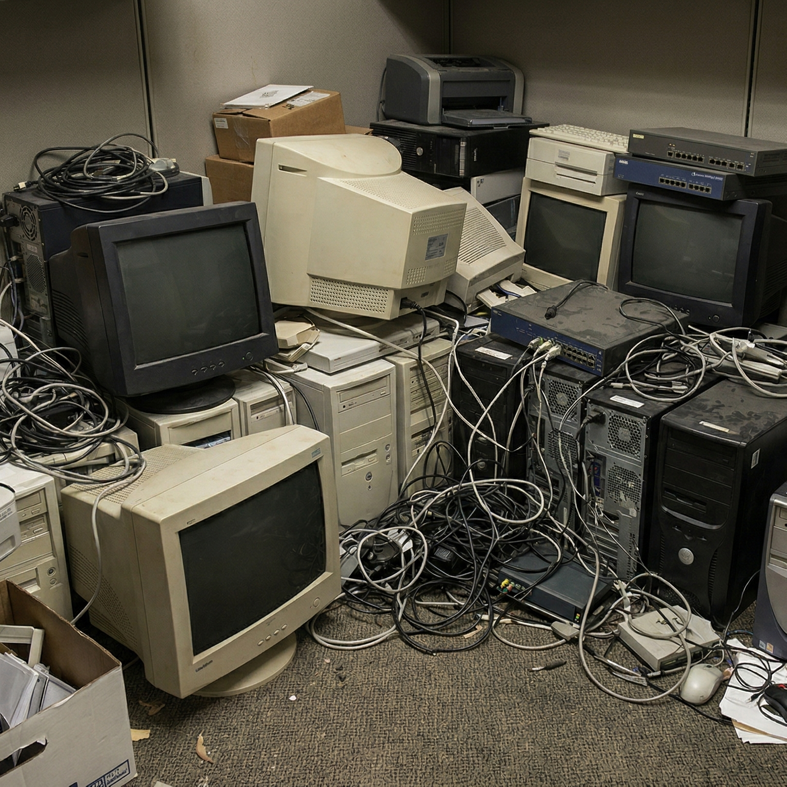 Cluttered office with old electronics