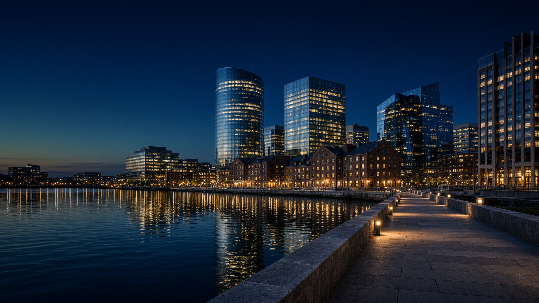 Downtown Norfolk Virginia waterfront at dusk along the Elizabeth River