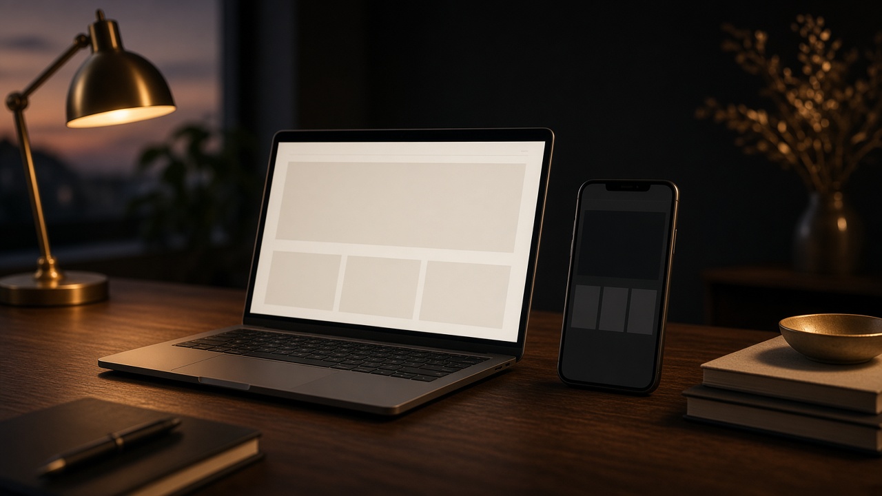 Laptop and phone showing a clean new business website on a desk in warm evening light