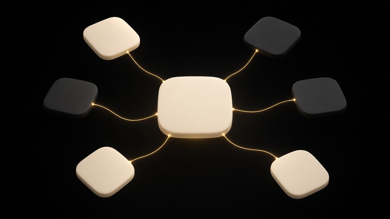 Abstract dashboard of connected cards representing one shared client record