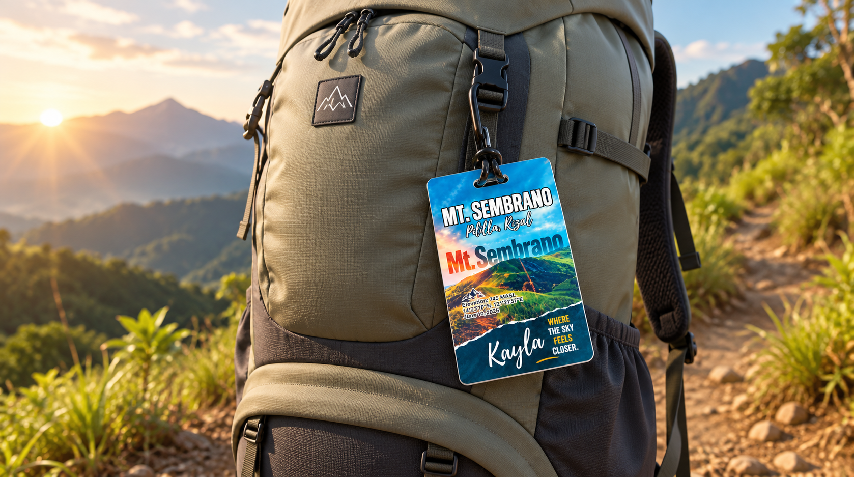 Personalized Mt. Sembrano mountain bag tag by Mengsy Online Shop attached to a hiking backpack on a scenic mountain trail. Personalized Mt. Sembrano mountain bag tag by Mengsy Online Shop attached to a hiking backpack on a scenic mountain trail.