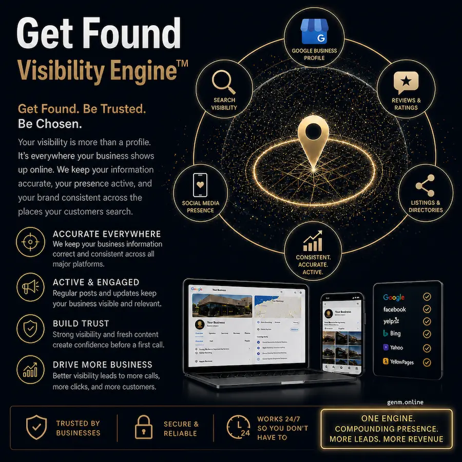 GenM Online Visibility Engine helps businesses get found across Google, AI search, maps, reviews, and local discovery.