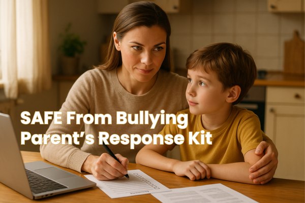 Parent sitting with child at table, taking action on bullying