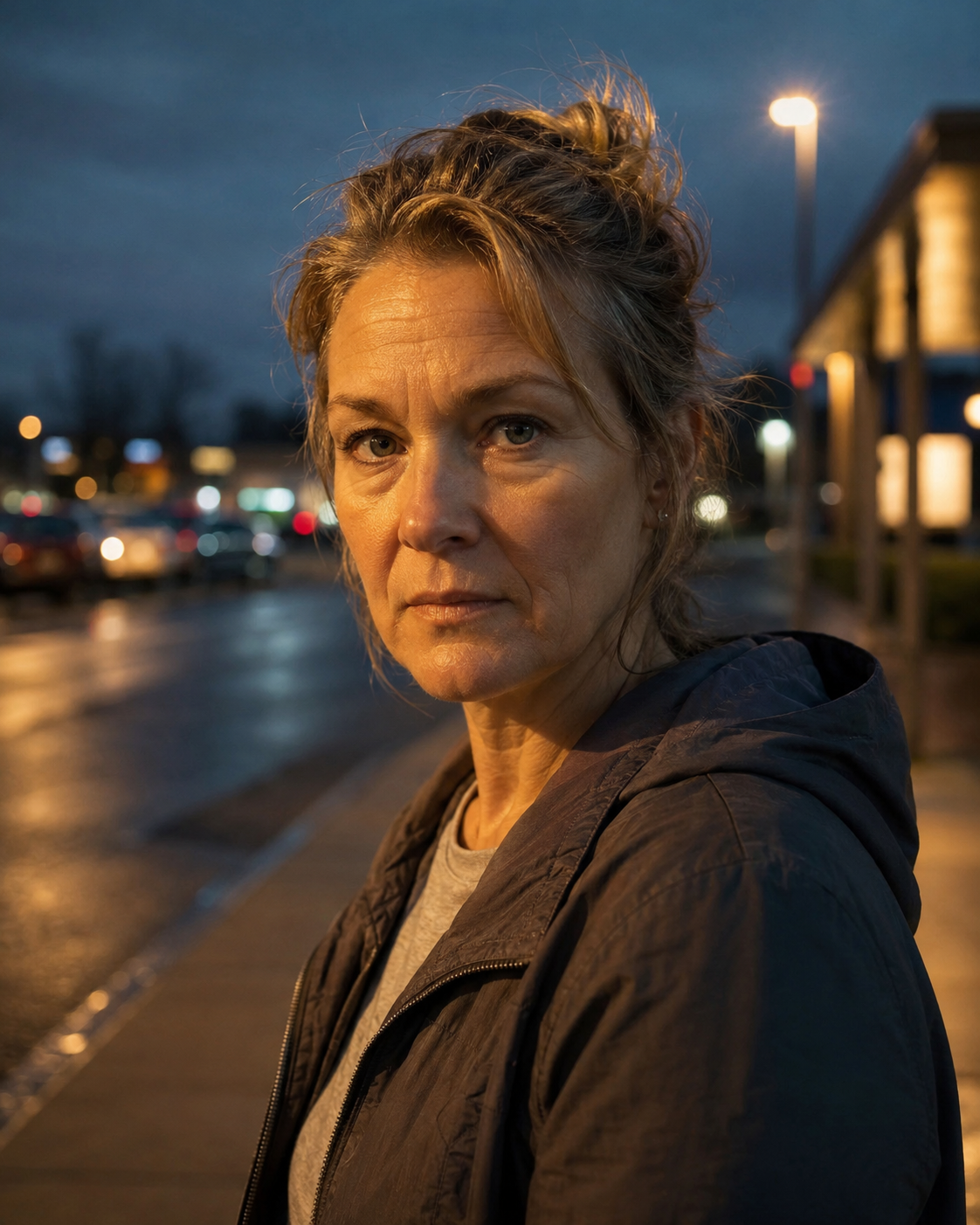 Woman aware of her surroundings at night
