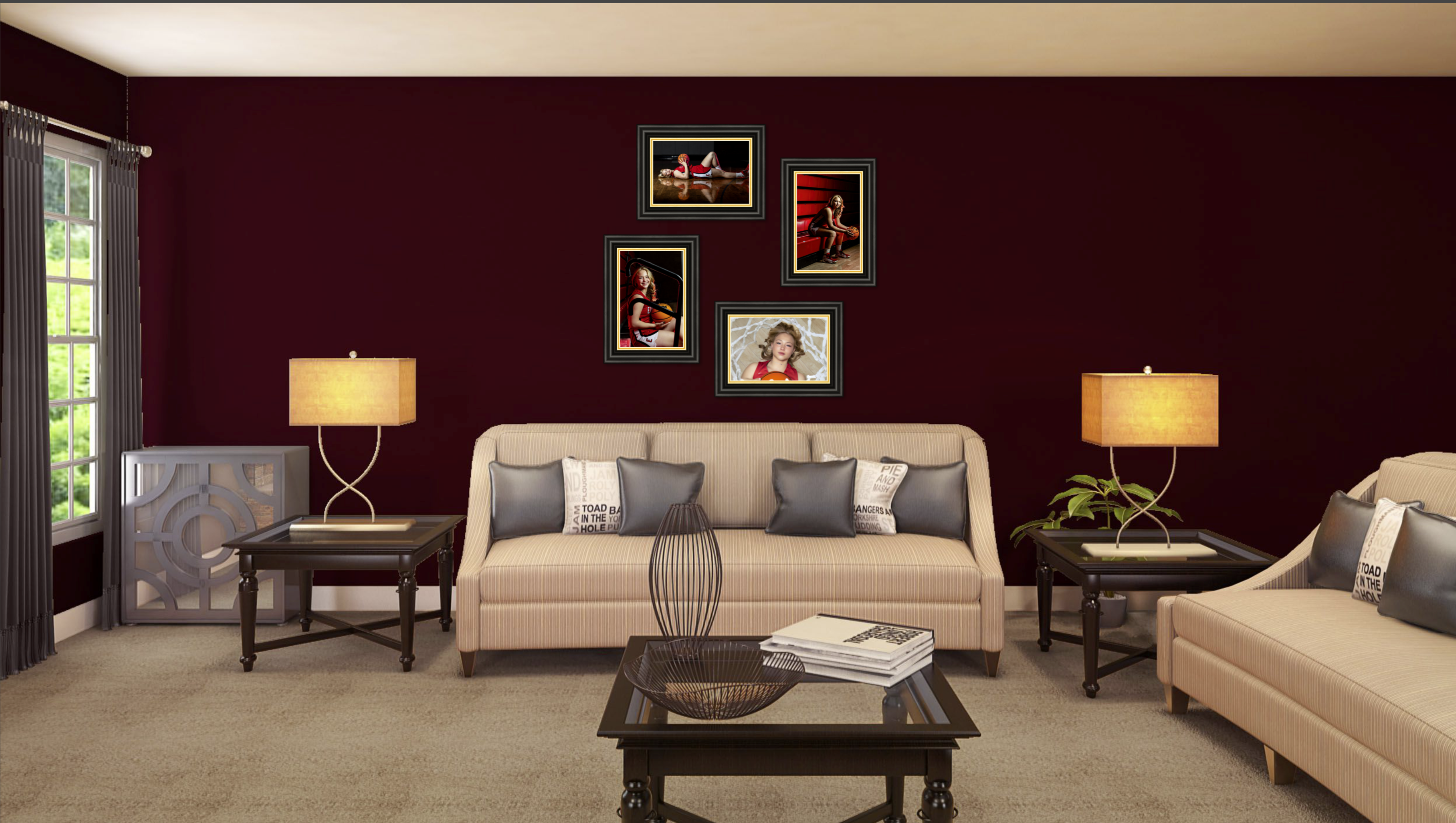 Four framed senior portraits displayed in a gallery wall arrangement above a couch in a living room Northern Colorado photographer