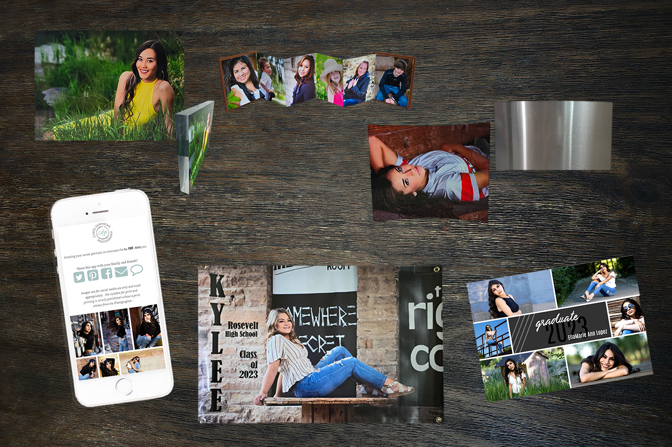 Senior portrait add on products including acrylic block accordion book curved metal banner grad cards and portrait gallery app Northern Colorado photographer