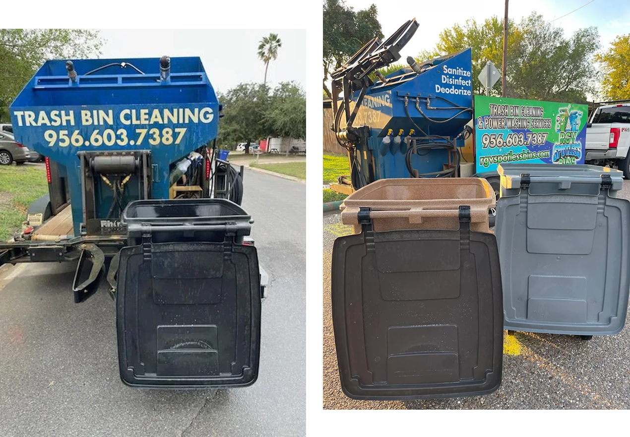 Two photos showing the rear of a blue cleaning trailer equipped with a hydraulic lift and high-pressure nozzles. The images feature serviced trash bins in various colors (black, brown, and grey) to demonstrate the unit's ability to clean different bin types.