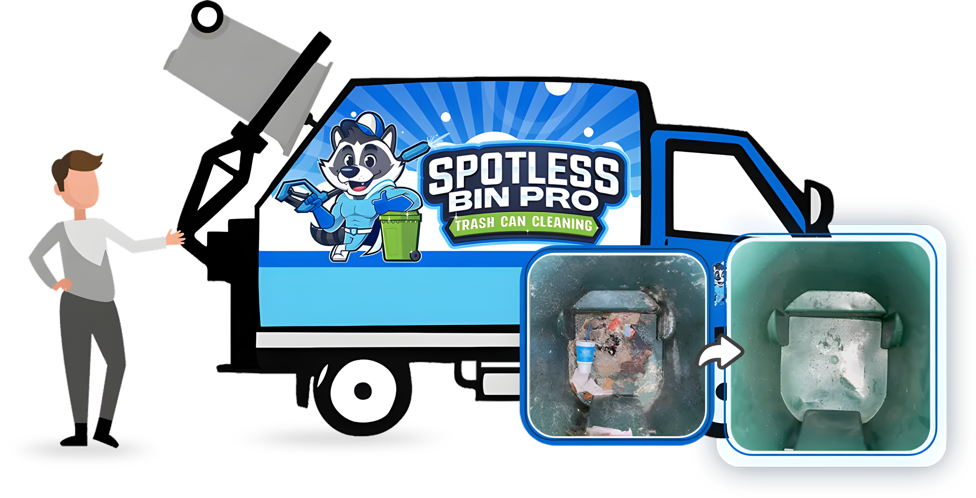 An illustration of a 'Spotless Bin Pro' cleaning truck with a mechanical arm lifting a trash can. A person stands next to the truck, and an inset shows a 'before and after' comparison of a dirty trash bin becoming clean.