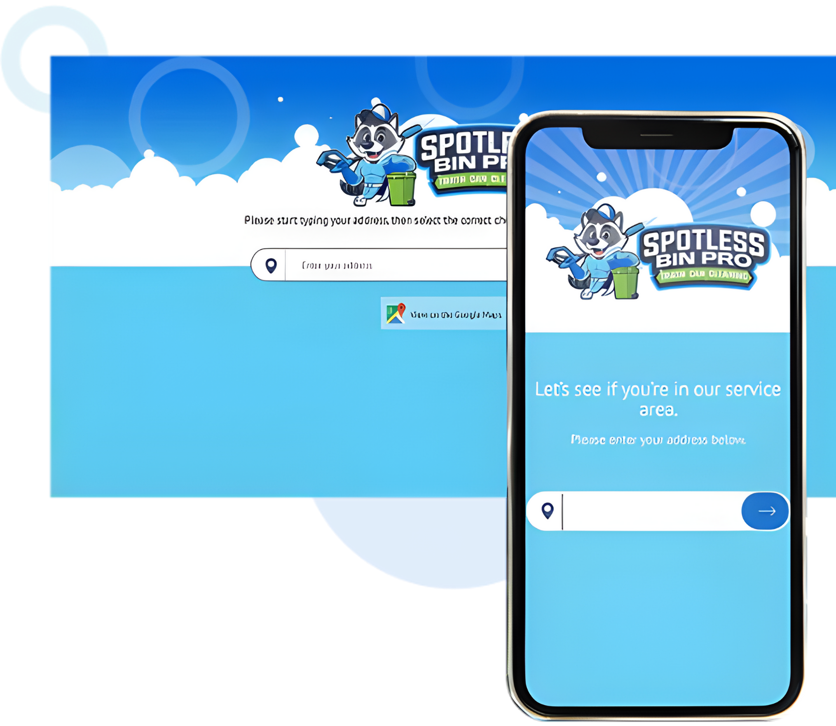 A composite image showing the website interface on a desktop background and a smartphone foreground. The screen displays the raccoon mascot and the text "Let's see if you're in our service area" above an address input field and a "See us on Google Maps" button.
