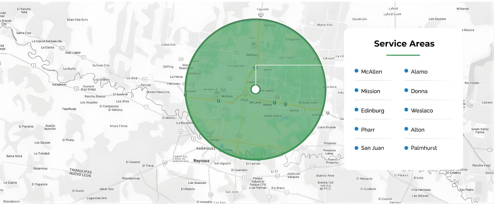 A map of the Rio Grande Valley area with a large green circle indicating the service coverage zone. A side panel lists the specific service cities: McAllen, Mission, Edinburg, Pharr, San Juan, Alamo, Donna, Weslaco, Alton, and Palmhurst.