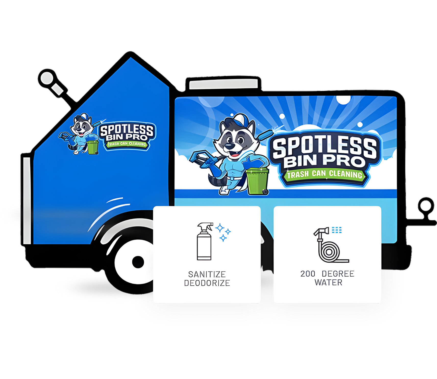 A blue 'Spotless Bin Pro' trash can cleaning trailer featuring a raccoon mascot wearing a superhero outfit. The trailer includes icons for 'Sanitize & Deodorize' and '200 Degree Water' cleaning services."