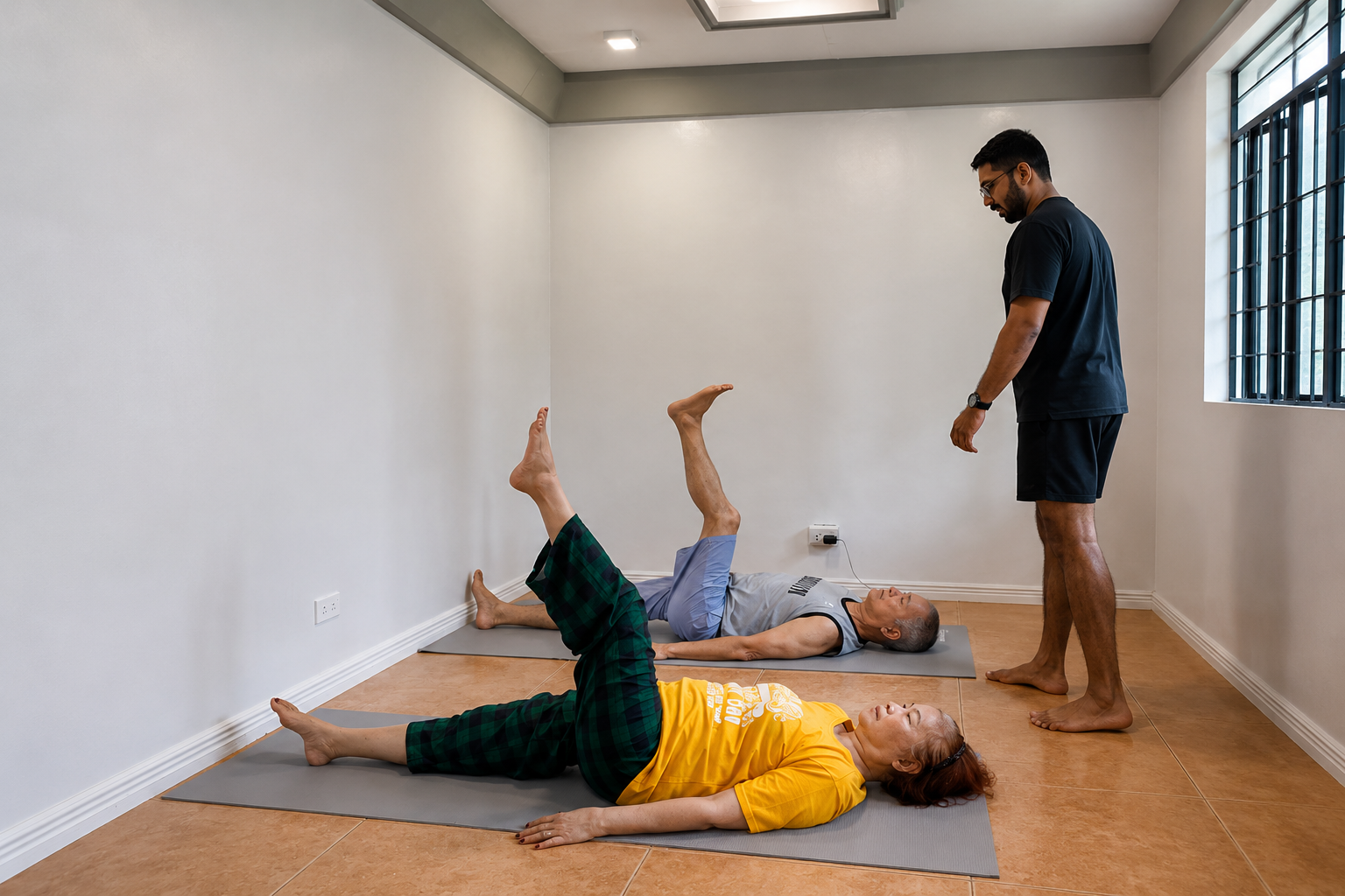 Older adults practice guided floor-based movements. Older adults practice guided floor-based movements.