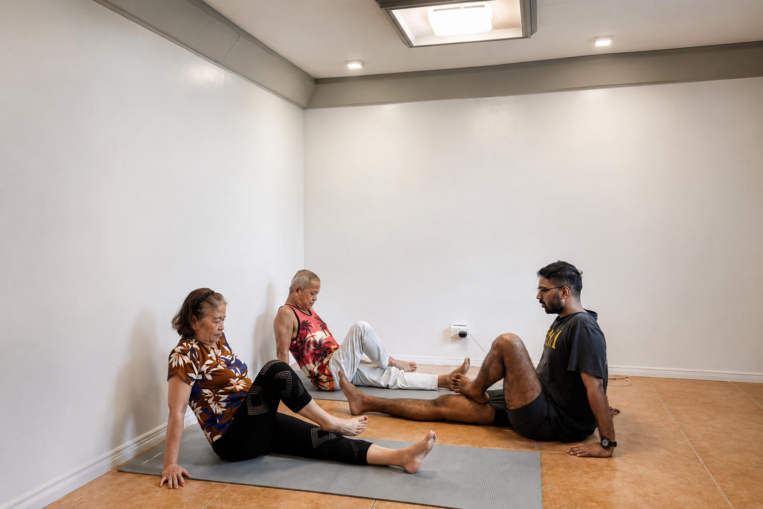 Senior participants practice gentle movement exercises. Senior participants practice gentle movement exercises.