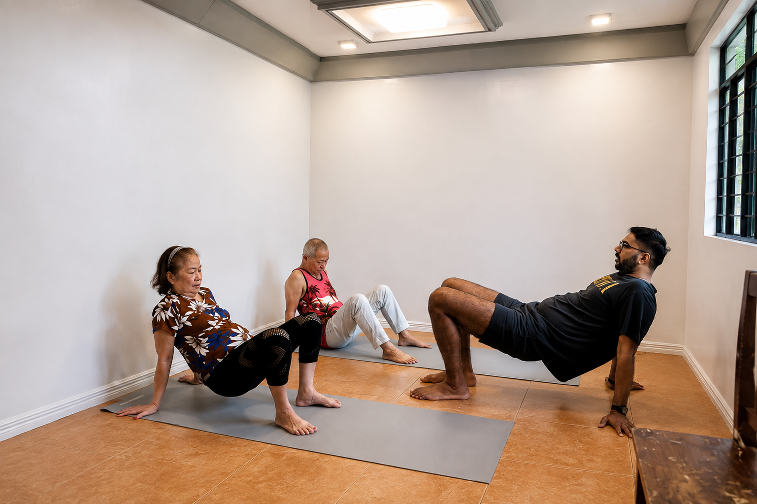 Older adults participate in a guided yoga session. Older adults participate in a guided yoga session.
