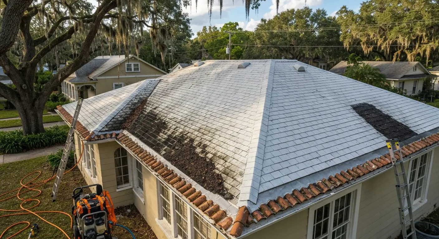 Roof soft wash treatment