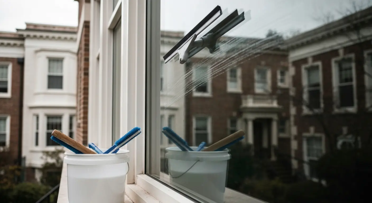 Window cleaning with squeegee detail