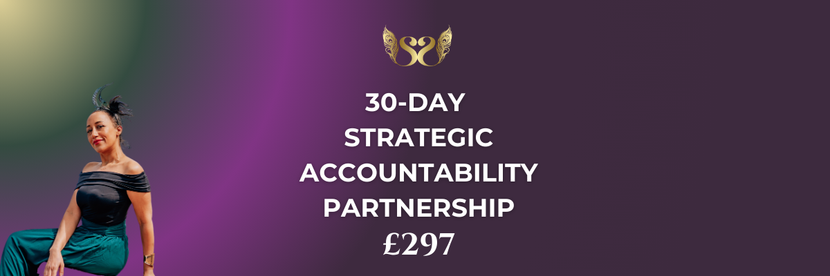 Promotional image for the 30-Day Strategic Accountability Partnership, featuring Sara Noel guiding purpose-driven entrepreneurs towards achieving their business goals