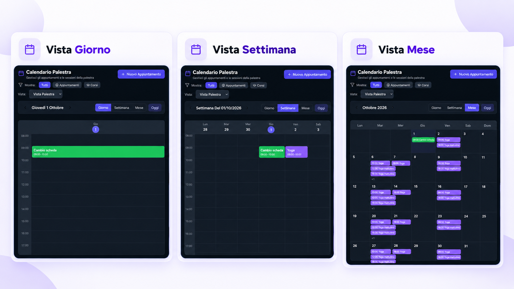 Calendario FitGymTrack - viste Giorno, Settimana e Mese