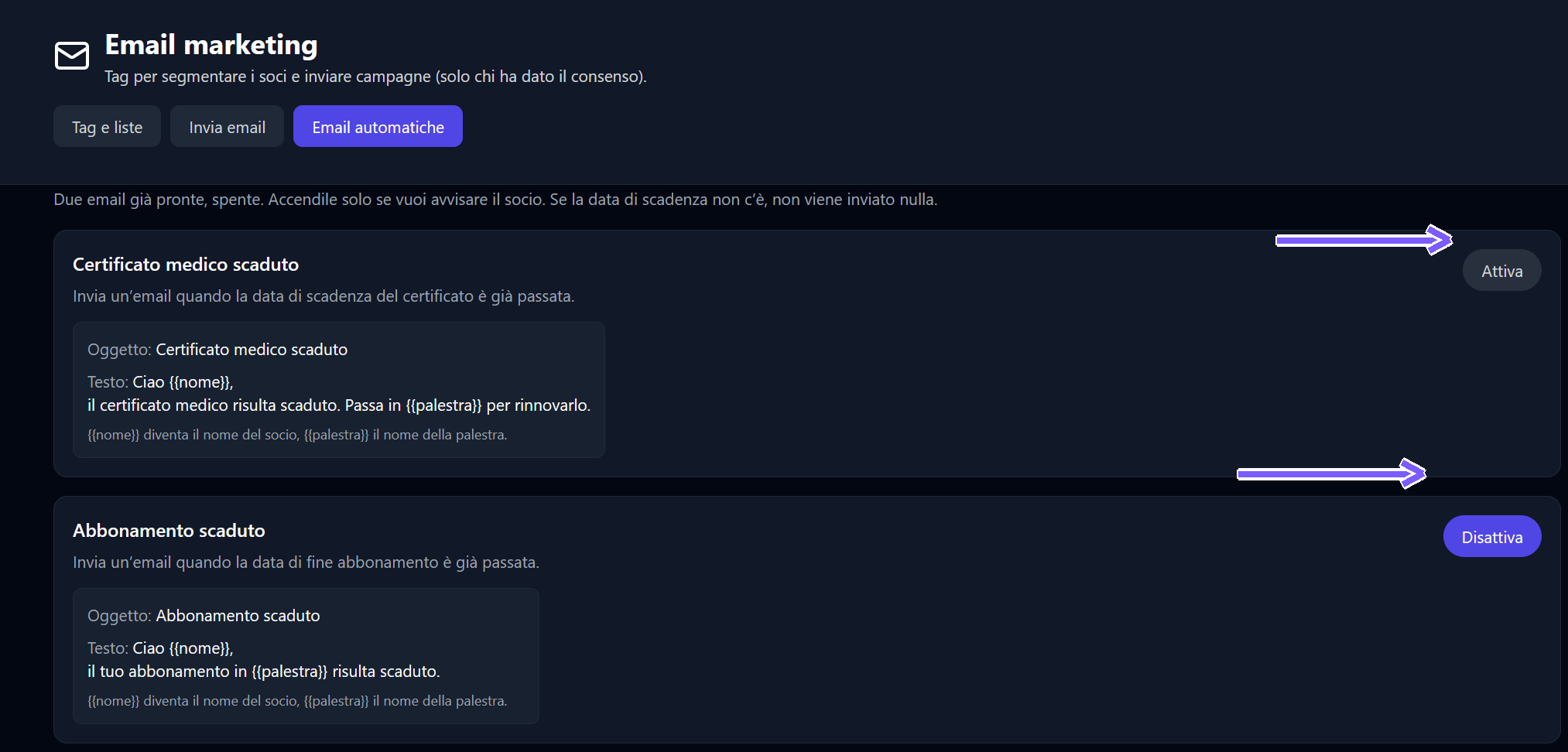 Schermata email automatiche FitGymTrack con attiva/disattiva
