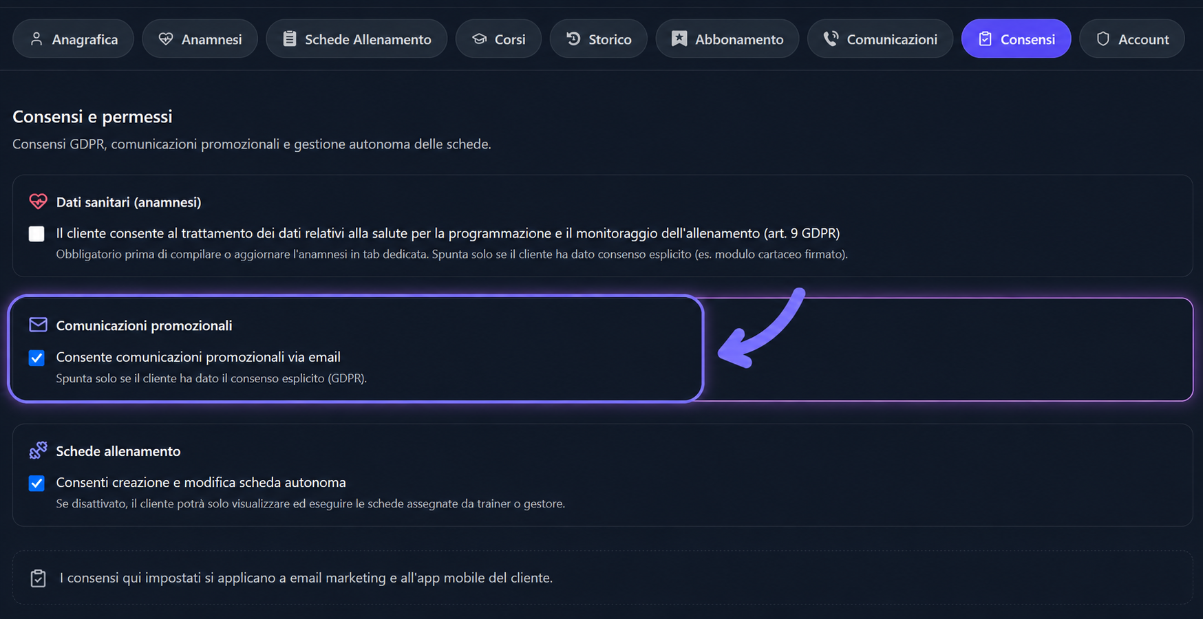 Sezione Comunicazioni promozionali evidenziata