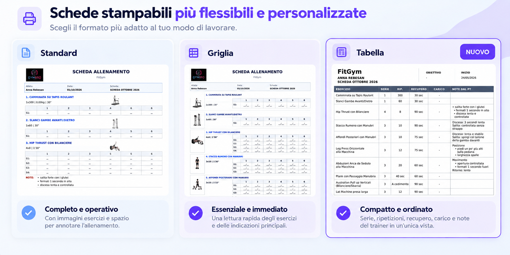 Tre template di stampa FitGymTrack: Standard, Griglia e Tabella