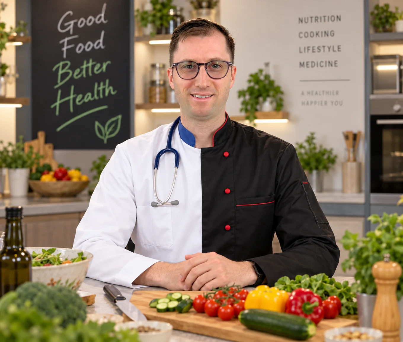 Dr. Konrád în bucătărie, cu ingrediente proaspete