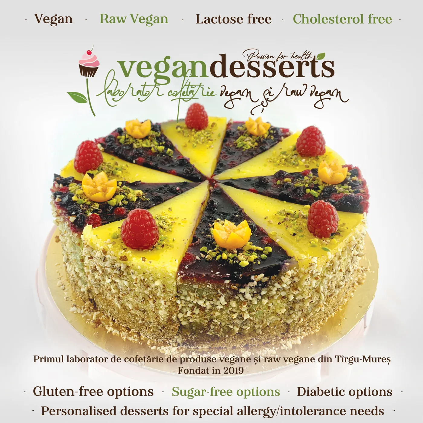 Coperta catalogului Vegan Desserts: primul laborator de cofetărie vegană și raw vegană din Târgu Mureș, fondat în 2019