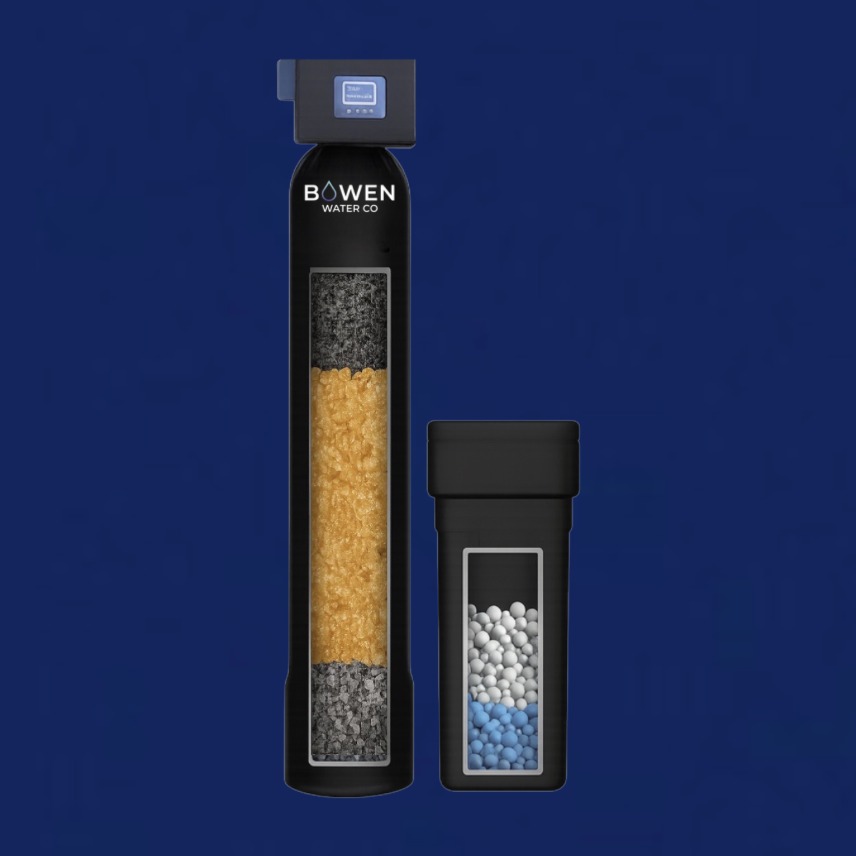 Cutaway view of a Bowen Water Co whole-home water softener and filtration system showing the internal filter media