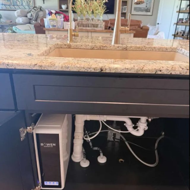 Bowen Water Co under-sink reverse osmosis unit installed in a kitchen cabinet