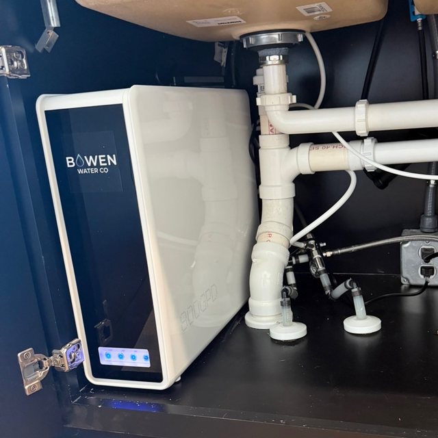 Bowen Water Co under-sink reverse osmosis system installed in a kitchen cabinet