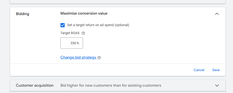 Kuvakaappaus smart biddingistä, jossa algoritmi alkaa hakea juuri sitä konvertoituvaa yleisöä jota sille opetetaan, esim uusi tai vanha osatajakunta.