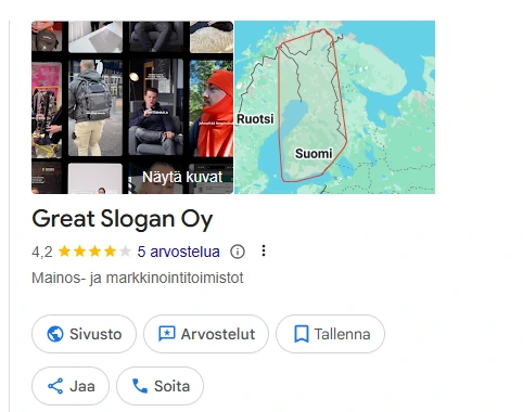 Kuvakaappaus Sloganin business profilesta Googlessa
