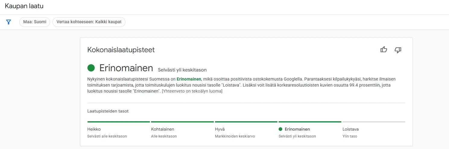 Kuvakaappaus Google Merchant Centerin Kaupan laatu -raportista, jossa kaupan kokonaislaatupisteet Suomessa on luokiteltu tasolle ”Erinomainen” ja selvästi yli keskitason. Kuvakaappaus Google Merchant Centerin Kaupan laatu -raportista, jossa kaupan kokonaislaatupisteet Suomessa on luokiteltu tasolle ”Erinomainen” ja selvästi yli keskitason.