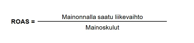 ROAS-kaava (Return on Ad Spend) esitettynä matemaattisena murtolukuna: osoittajassa on mainonnalla saatu liikevaihto ja nimittäjässä mainoskulut. Kuva havainnollistaa, miten mainonnan tuotto lasketaan suhteessa mainosinvestointeihin. ROAS-kaava (Return on Ad Spend) esitettynä matemaattisena murtolukuna: osoittajassa on mainonnalla saatu liikevaihto ja nimittäjässä mainoskulut. Kuva havainnollistaa, miten mainonnan tuotto lasketaan suhteessa mainosinvestointeihin.