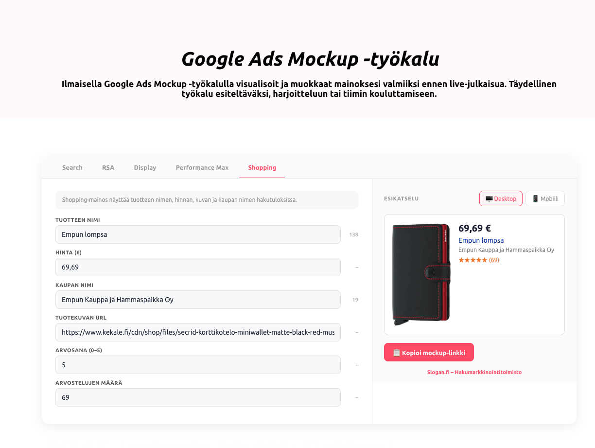 Google Ads Mockup -työkalu Shopping-mainosten visualisointiin. Kuvakaappaus työkalusta, jossa muokataan "Empun lompsa" -tuotemainosta hintoineen ja arvosteluineen.