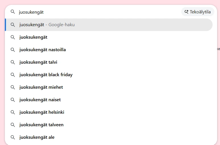 Ruutukaappaus Google-hakukentästä, jossa näkyy "juoksukengät"-hakusanan automaattisen täydennyksen ehdotuksia. Kuva havainnollistaa long tail -hakusanoja, kuten "juoksukengät nastoilla", "juoksukengät talvi" ja "juoksukengät ale", joita käytetään SEO-avainsanatutkimuksessa.