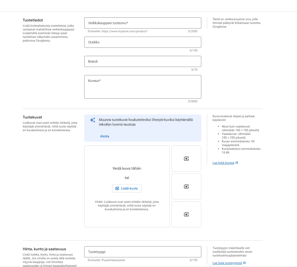 Google Merchant Centerin käyttöliittymä tuotetietojen lisäämiseen, sisältäen kentät tuotteen otsikolle, kuvaukselle, brändille ja tekoälypohjaiselle tuotekuvien hallinnalle. Google Merchant Centerin käyttöliittymä tuotetietojen lisäämiseen, sisältäen kentät tuotteen otsikolle, kuvaukselle, brändille ja tekoälypohjaiselle tuotekuvien hallinnalle.