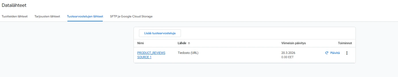 Google Merchant Centerin ”Tuotearvostelujen lähteet” -näkymä, jossa hallinnoidaan verkkokaupan tuotearvostelujen datasyötteitä ja automaattisia päivityksiä. Google Merchant Centerin ”Tuotearvostelujen lähteet” -näkymä, jossa hallinnoidaan verkkokaupan tuotearvostelujen datasyötteitä ja automaattisia päivityksiä.