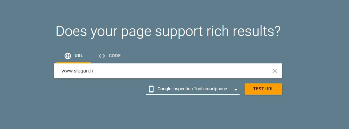 Kuvakaappaus Googlen Rich Results työkalun etusivusta. Kuvakaappaus Googlen Rich Results työkalun etusivusta.