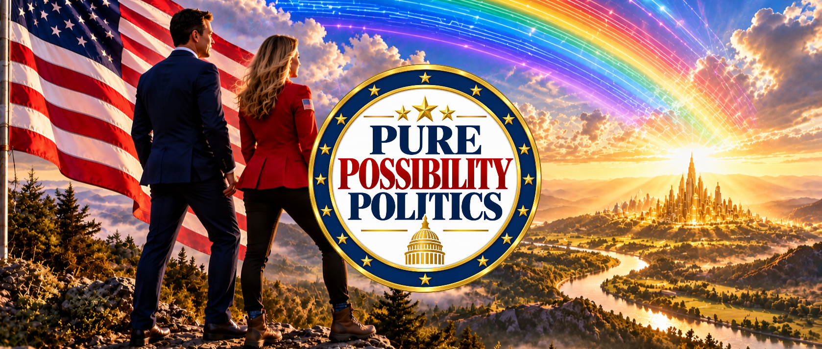 Vibrant landscape illustration featuring a man in a blue suit and woman in a red jacket looking toward a glowing city on the horizon at sunrise. A large rainbow arcs across a dynamic, starry sky filled with bright clouds. A US flag flies on the left. In the center is a circular badge that says 'PURE POSSIBILITY POLITICS'.