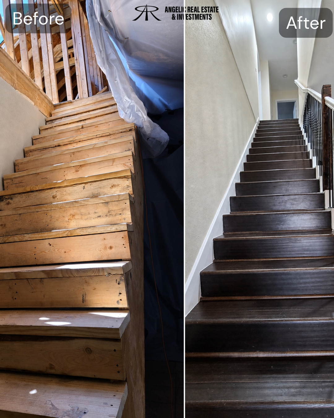 Staircase remodel — before and after comparison
