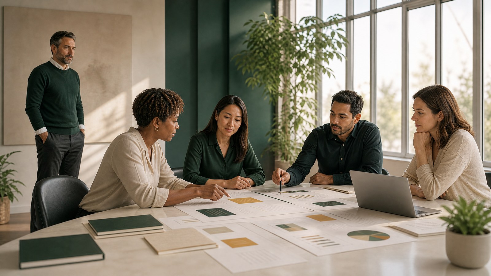 A business owner reviewing operations with their management team