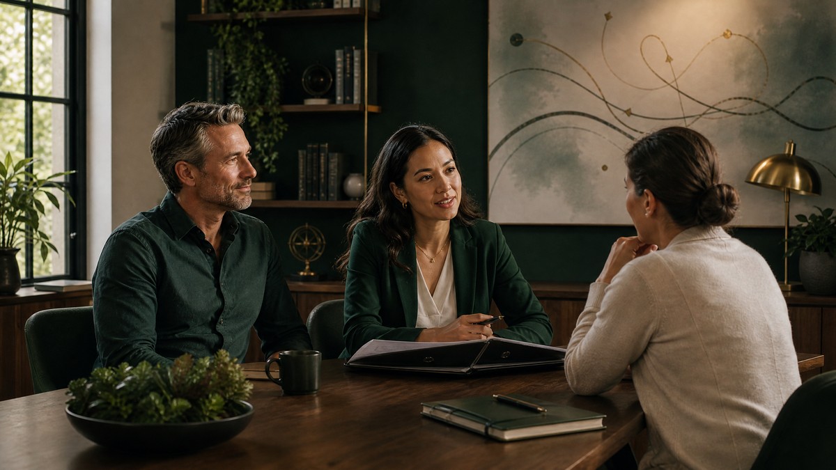 Business owner and account leader meeting with a longtime client around a table, with shared notes and a warm atmosphere in NorthStar green, gold, and cream