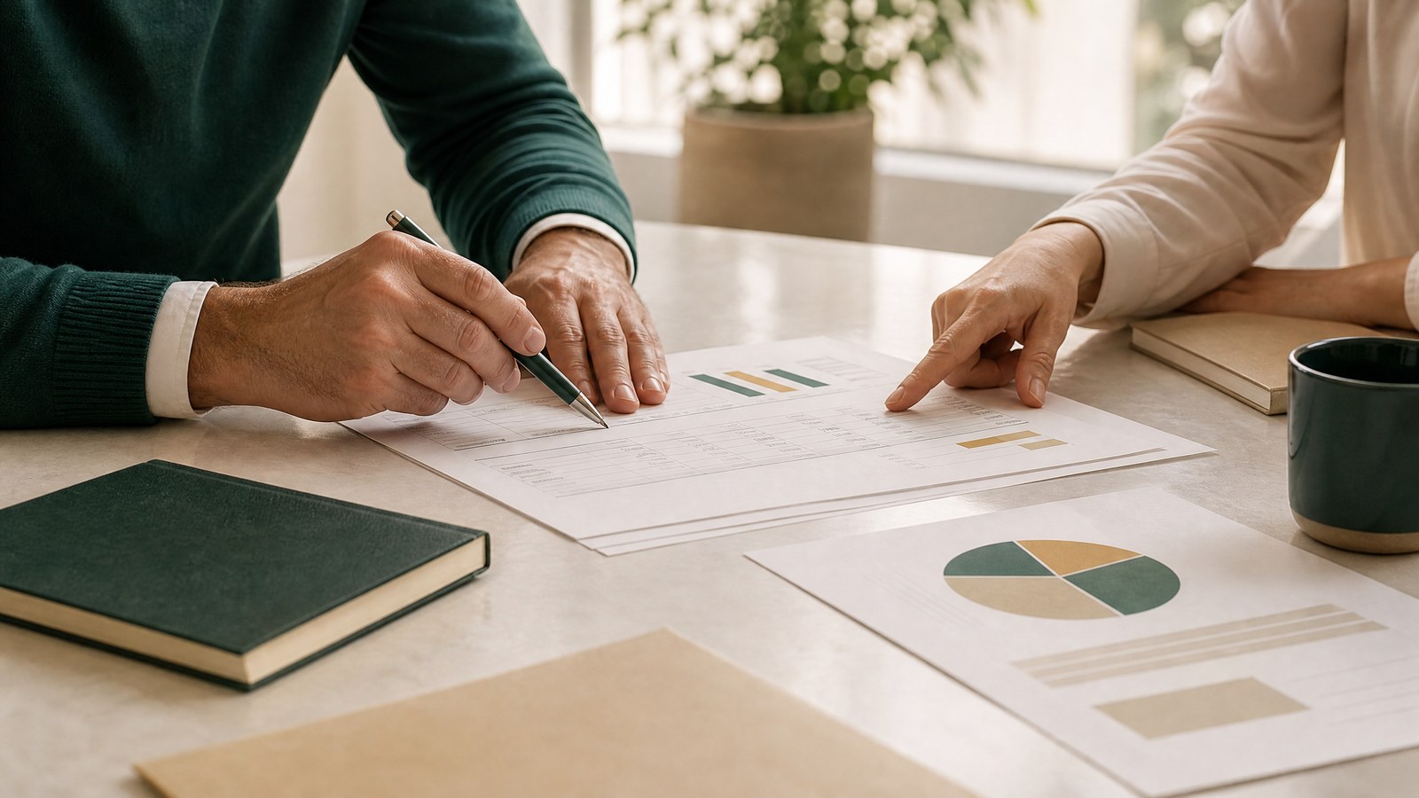 Financial documents and charts on a desk